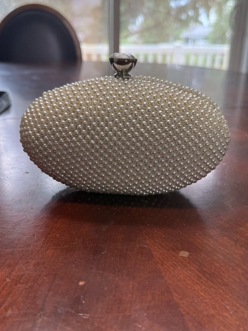 Pearl-Embellished Ivory Evening Clutch with Silver Frame